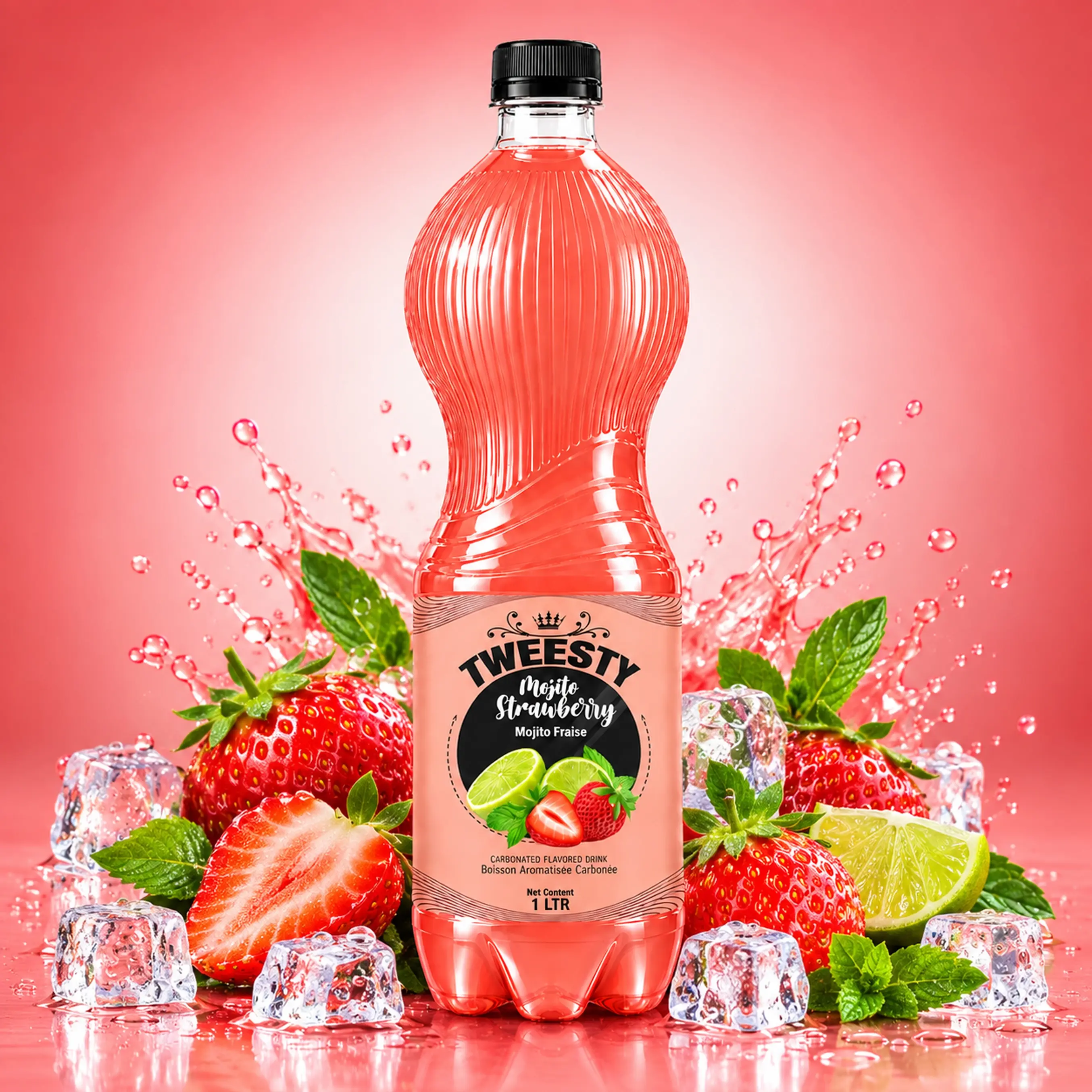 TWEESTY Mojito Strawberry 1L PET bottle with strawberries, lime, mint and ice.